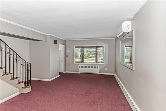 165 Wheeler Ave, Valley Stream, NY 11580 - foyer featuring radiator, a wall mounted air conditioner, dark colored carpet, ornamental molding, and stairway