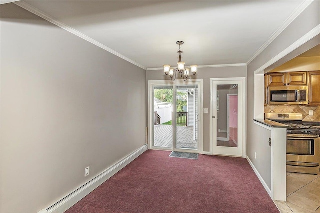 165 Wheeler Ave, Valley Stream, NY 11580 - unfurnished dining area featuring a chandelier, crown molding, light carpet, and baseboard heating