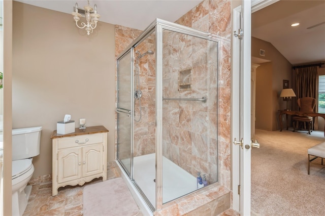 166 Country Club Dr Unit 166, Commack, NY 11725 - full bath with a stall shower, vaulted ceiling, and recessed lighting