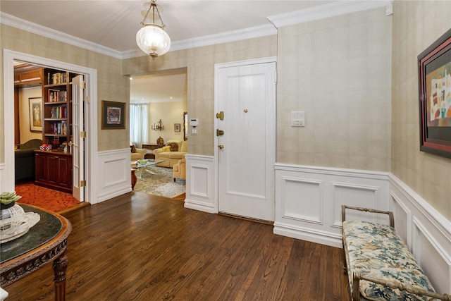3001 Henry Hudson Pkwy Unit 1Fg, Bronx, NY 10463 - foyer featuring a decorative wall, dark wood-style floors, ornamental molding, wainscoting, and wallpapered walls