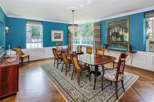 3001 Henry Hudson Pkwy Unit 1Fg, Bronx, NY 10463 - dining room featuring crown molding, recessed lighting, healthy amount of natural light, wainscoting, and a chandelier