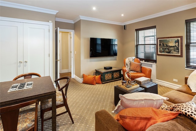 3001 Henry Hudson Pkwy Unit 1Fg, Bronx, NY 10463 - living area featuring light carpet, crown molding, radiator, and recessed lighting