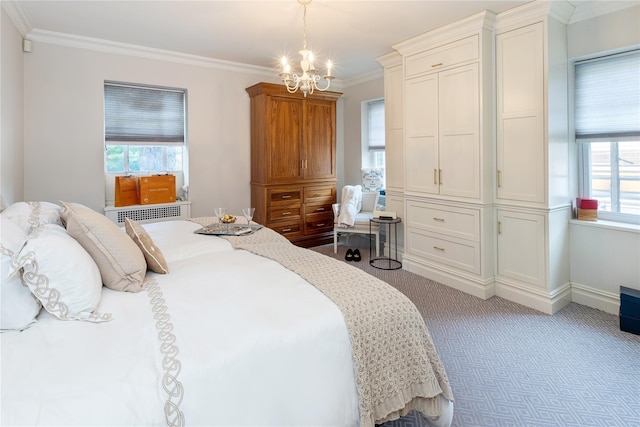 3001 Henry Hudson Pkwy Unit 1Fg, Bronx, NY 10463 - carpeted bedroom featuring a chandelier, multiple windows, crown molding, and radiator heating unit