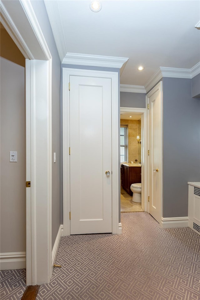 3001 Henry Hudson Pkwy Unit 1Fg, Bronx, NY 10463 - hallway featuring carpet floors, ornamental molding, and recessed lighting