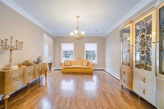 83 N Airmont Rd, Suffern, NY 10901 - sitting room with a chandelier, baseboard heating, wood finished floors, and ornamental molding