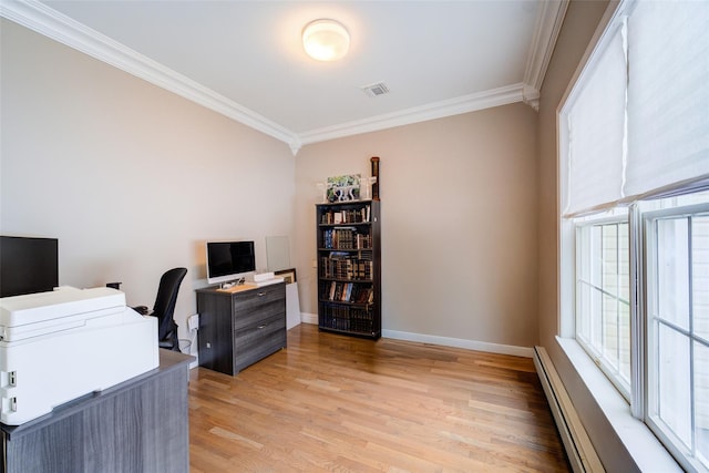 83 N Airmont Rd, Suffern, NY 10901 - home office with crown molding, a baseboard heating unit, and light wood-type flooring