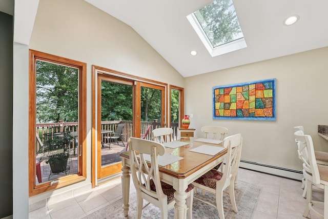 41 Whitman St, Congers, NY 10920 - dining space featuring baseboard heating, a skylight, light tile patterned floors, recessed lighting, and high vaulted ceiling