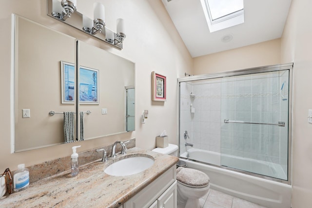 41 Whitman St, Congers, NY 10920 - full bath featuring a skylight, vanity, shower / bath combination with glass door, tile patterned flooring, and vaulted ceiling
