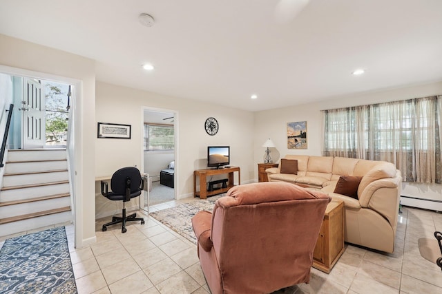 41 Whitman St, Congers, NY 10920 - living area with baseboard heating, recessed lighting, stairs, light tile patterned flooring, and a desk