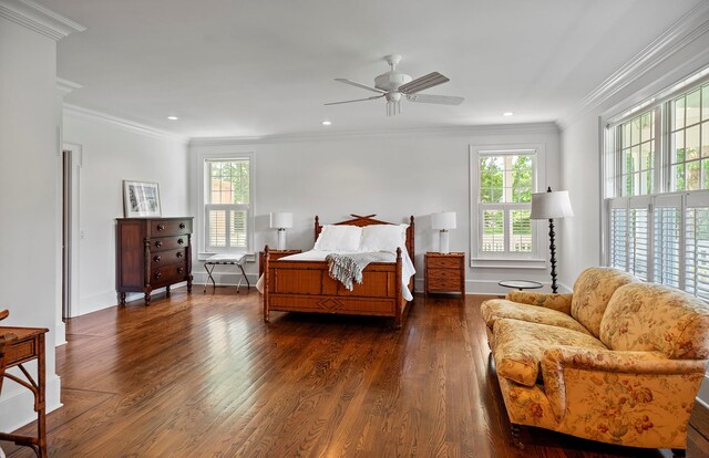 1 Simon Ct, Quogue, NY 11959 - bedroom with multiple windows, wood finished floors, ornamental molding, recessed lighting, and ceiling fan