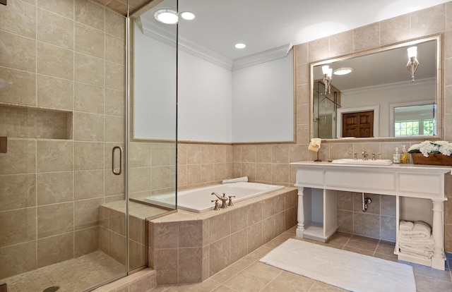 1 Simon Ct, Quogue, NY 11959 - bathroom with tile walls, a garden tub, tile patterned flooring, crown molding, and a shower stall