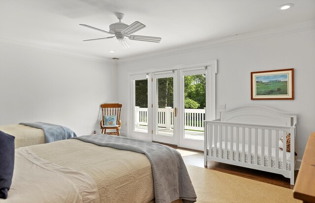 1 Simon Ct, Quogue, NY 11959 - bedroom with ornamental molding, wood finished floors, access to exterior, recessed lighting, and ceiling fan