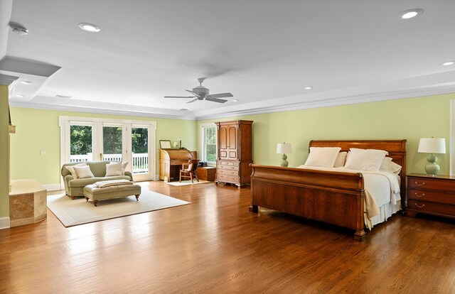 1 Simon Ct, Quogue, NY 11959 - bedroom featuring access to outside, crown molding, dark wood-style flooring, recessed lighting, and a ceiling fan