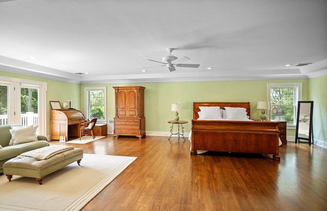1 Simon Ct, Quogue, NY 11959 - bedroom with access to outside, wood finished floors, ornamental molding, recessed lighting, and a ceiling fan