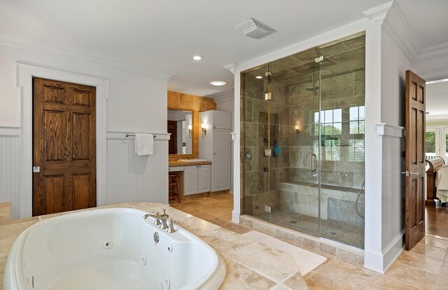 1 Simon Ct, Quogue, NY 11959 - bathroom featuring a shower stall, a whirlpool tub, ornamental molding, vanity, and recessed lighting