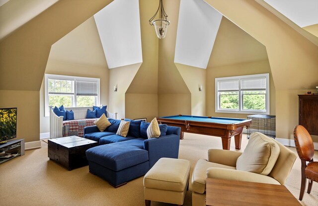 1 Simon Ct, Quogue, NY 11959 - rec room with vaulted ceiling, plenty of natural light, carpet, and pool table