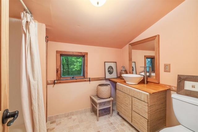 30 Hallenbach Rd, Glen Spey, NY 12737 - full bathroom featuring a shower with curtain, vanity, and vaulted ceiling