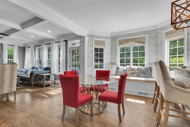 299 Barger St, Putnam Valley, NY 10579 - dining space featuring crown molding, beamed ceiling, wood finished floors, and coffered ceiling