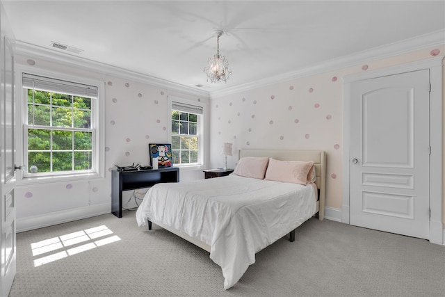 299 Barger St, Putnam Valley, NY 10579 - bedroom featuring light colored carpet, crown molding, and a chandelier