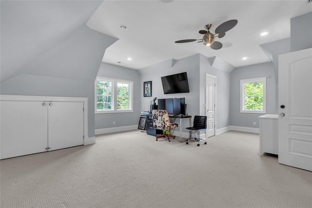299 Barger St, Putnam Valley, NY 10579 - office space featuring carpet flooring, lofted ceiling, a ceiling fan, plenty of natural light, and recessed lighting