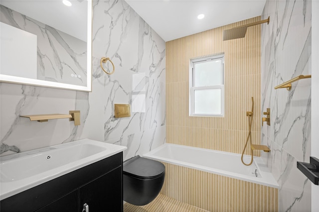 13015 Sutter Ave, South Ozone Park, NY 11420 - full bathroom with vanity, tile walls, tiled shower / bath, and recessed lighting