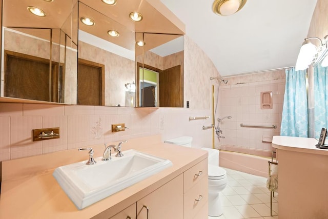 1291 Minerva Ave, West Islip, NY 11795 - full bath with tile patterned floors, shower / bath combo with shower curtain, vanity, tile walls, and recessed lighting