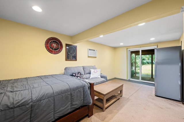 1291 Minerva Ave, West Islip, NY 11795 - bedroom featuring freestanding refrigerator, light carpet, access to outside, recessed lighting, and beam ceiling