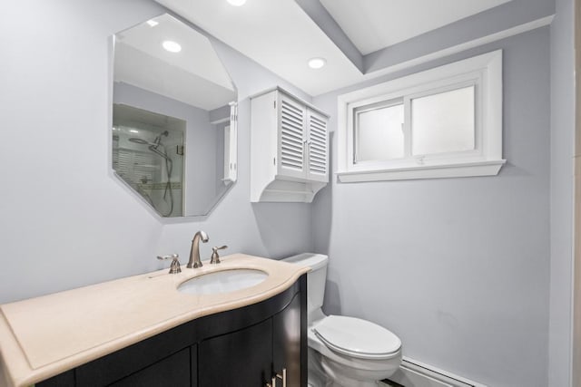 1291 Minerva Ave, West Islip, NY 11795 - full bathroom with an enclosed shower, vanity, a baseboard heating unit, and recessed lighting