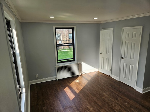300 Richbell Rd Unit B2, Mamaroneck, NY 10543 - unfurnished bedroom featuring radiator, wood finished floors, crown molding, and recessed lighting