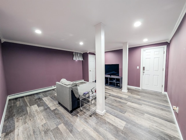 14 Hampton Rd, Sound Beach, NY 11789 - living room with a baseboard radiator, ornamental molding, wood finished floors, and recessed lighting