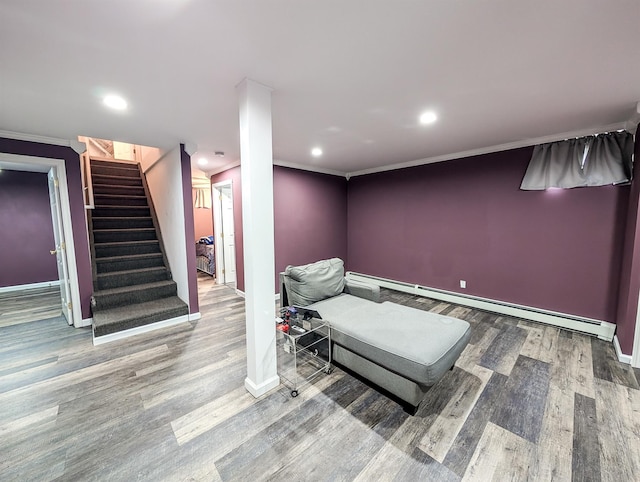 14 Hampton Rd, Sound Beach, NY 11789 - sitting room featuring a baseboard radiator, crown molding, wood finished floors, recessed lighting, and stairway