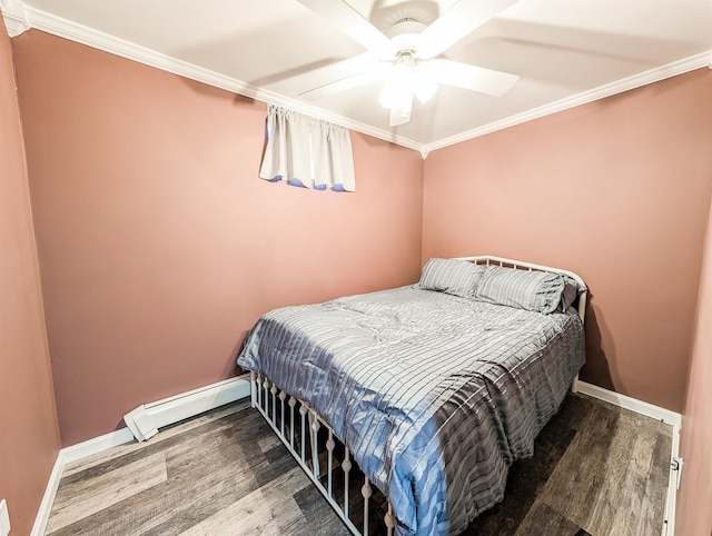 14 Hampton Rd, Sound Beach, NY 11789 - bedroom with wood finished floors, ornamental molding, a baseboard radiator, and a ceiling fan