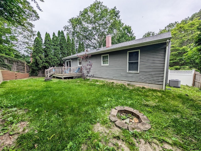 14 Hampton Rd, Sound Beach, NY 11789 - back of house featuring an outdoor fire pit, a deck, a fenced backyard, and a chimney