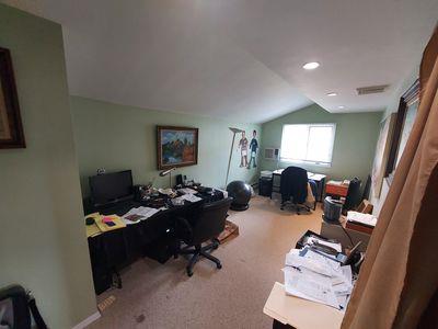 404 Club Ct, Oceanside, NY 11572 - office area with lofted ceiling, carpet, and recessed lighting