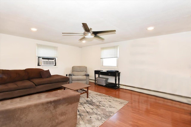 218 Mott St, Oceanside, NY 11572 - living area with a ceiling fan, wood finished floors, recessed lighting, and cooling unit