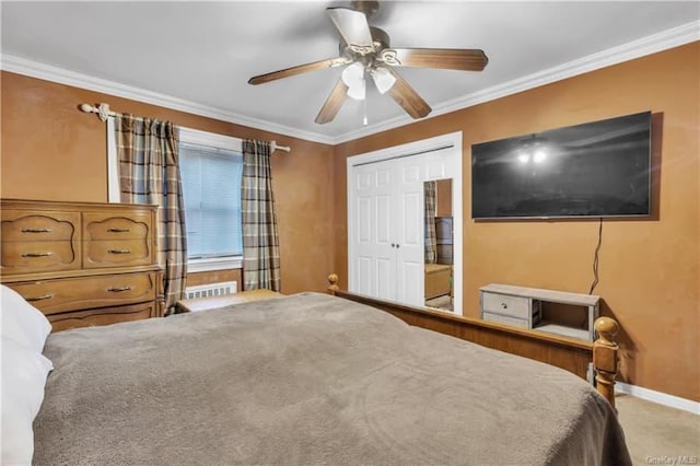 51 White Oak St Unit 2A, New Rochelle, NY 10801 - carpeted bedroom with crown molding, a ceiling fan, and a closet