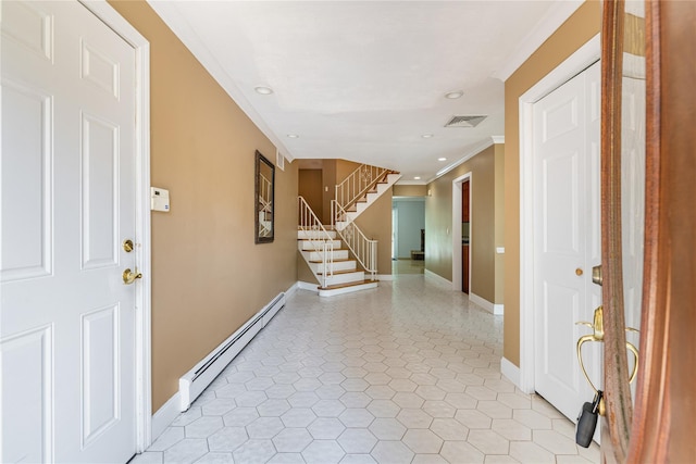10 Salem Ct, Spring Valley, NY 10977 - entrance foyer featuring a baseboard heating unit, recessed lighting, stairway, and ornamental molding