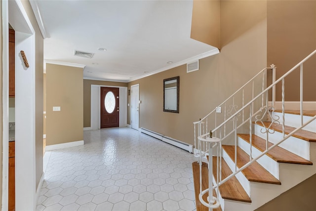 10 Salem Ct, Spring Valley, NY 10977 - foyer with baseboard heating, ornamental molding, and stairway