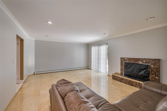 10 Salem Ct, Spring Valley, NY 10977 - living area featuring ornamental molding, baseboard heating, recessed lighting, and a premium fireplace