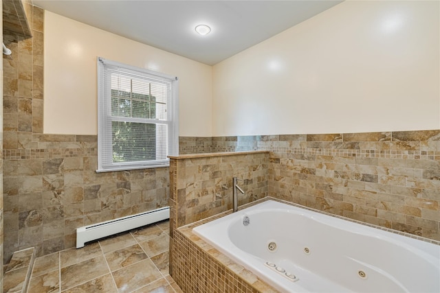 10 Salem Ct, Spring Valley, NY 10977 - bathroom with a baseboard radiator, a jetted tub, tile walls, and wainscoting