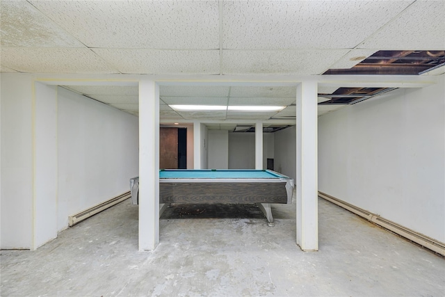 10 Salem Ct, Spring Valley, NY 10977 - rec room with a baseboard radiator, a paneled ceiling, concrete flooring, and pool table