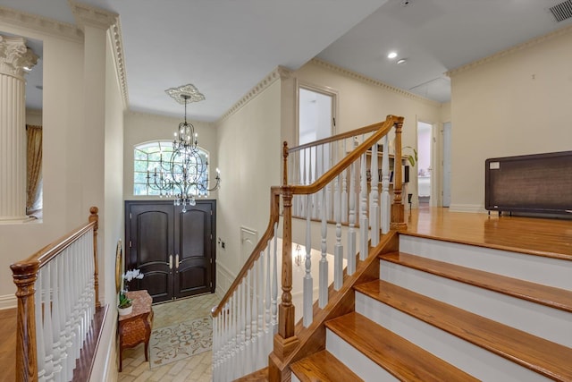 760 Hillcrest Pl, North Woodmere, NY 11581 - foyer entrance featuring stairs, crown molding, a chandelier, and recessed lighting