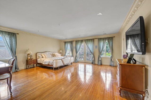 760 Hillcrest Pl, North Woodmere, NY 11581 - bedroom with ornamental molding, access to exterior, and light wood-style floors