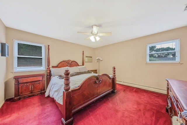 8 Peconic Ln, Selden, NY 11784 - bedroom featuring a baseboard heating unit, dark carpet, ceiling fan, and a wall mounted air conditioner