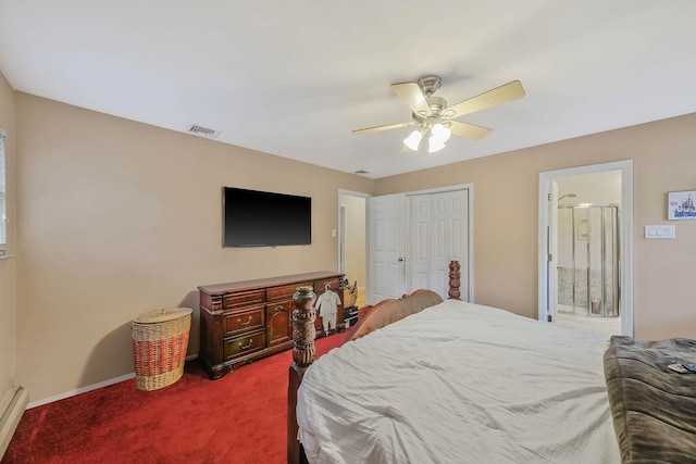 8 Peconic Ln, Selden, NY 11784 - carpeted bedroom featuring a baseboard radiator, a closet, a ceiling fan, and ensuite bath