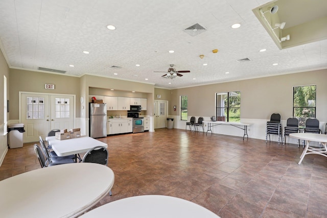 12 Deer Ct Dr, Middletown, NY 10940 - living area with ornamental molding, ceiling fan, recessed lighting, and french doors