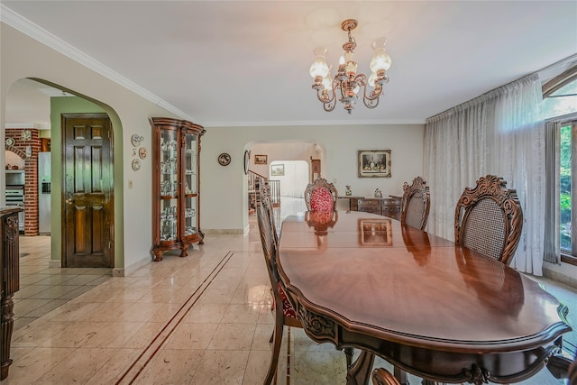 1537 Laurel Hollow Rd, Laurel Hollow, NY 11791 - dining area with arched walkways, a chandelier, crown molding, and light tile patterned flooring