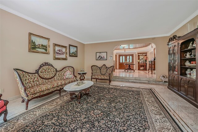 1537 Laurel Hollow Rd, Laurel Hollow, NY 11791 - living room with arched walkways, ornamental molding, and marble finish floors