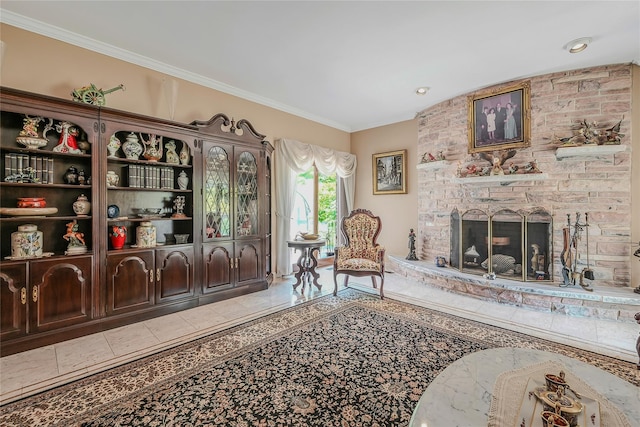 1537 Laurel Hollow Rd, Laurel Hollow, NY 11791 - tiled living room with a large fireplace and crown molding