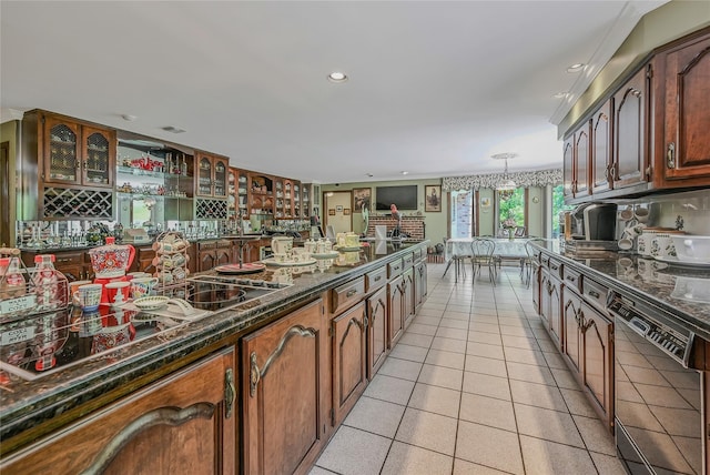 1537 Laurel Hollow Rd, Laurel Hollow, NY 11791 - kitchen with black dishwasher, light tile patterned flooring, glass insert cabinets, dark stone counters, and recessed lighting